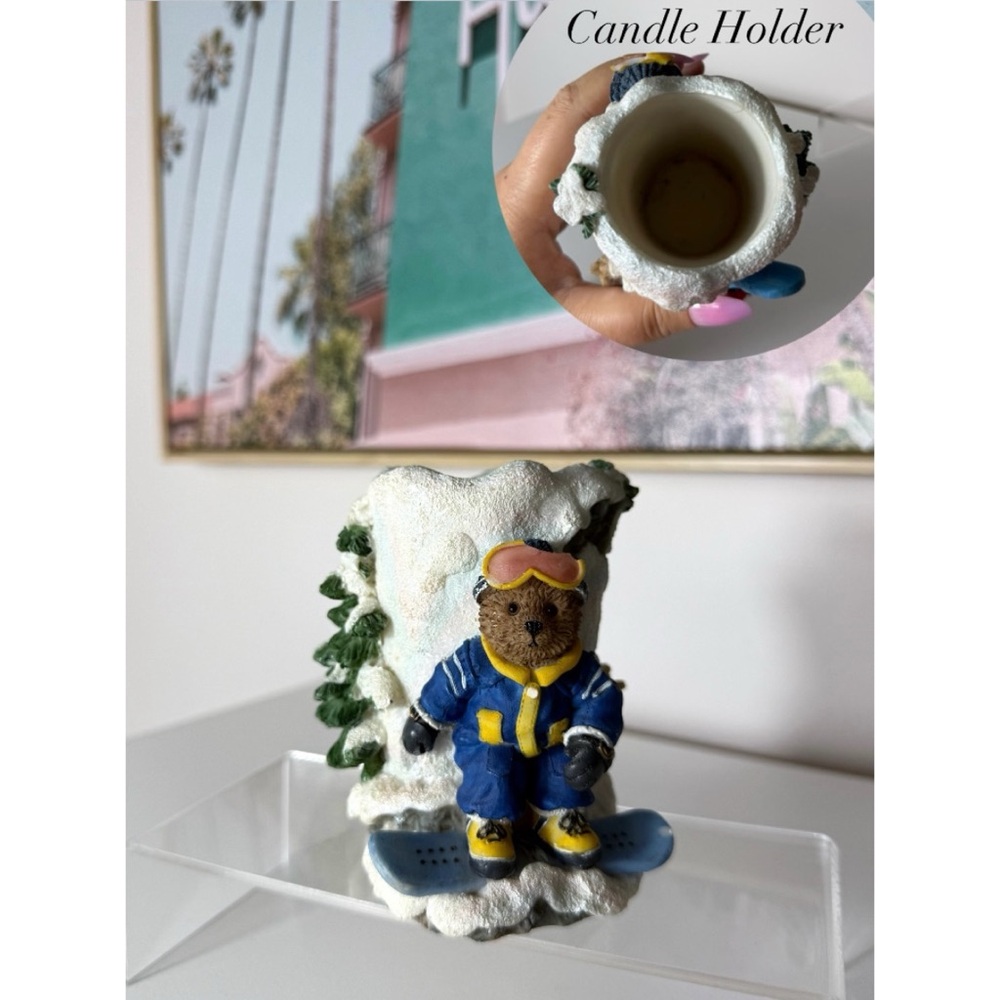 A. Richesco Winter Ski Bear Candle Holder Holiday Figurine Snow Christmas Decor